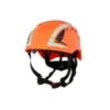 Bright orange safety helmet with chin strap.
