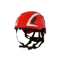 Red safety helmet with straps.