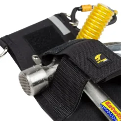 Tool belt with hammer and accessories.