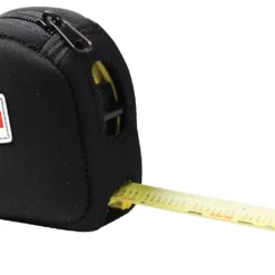 Black tape measure with yellow tape extended.