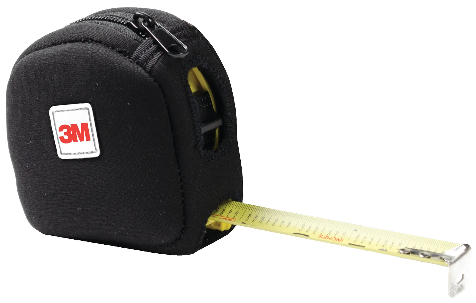 Black tape measure with yellow tape extended.