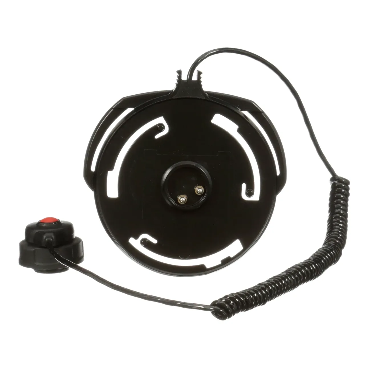 Coiled cord with circular black reel and switch