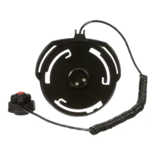 Coiled cord with circular black reel and switch