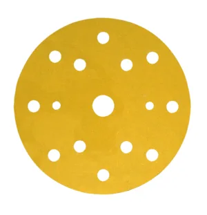 Round yellow sanding disc with multiple holes.