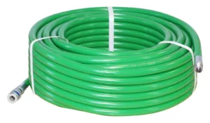 Green coiled industrial hose with metal fittings.