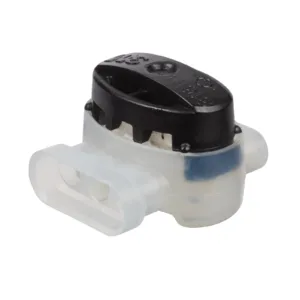 Three-port wire connector, black and clear plastic