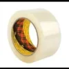 Clear packaging tape roll with plaid inner design.