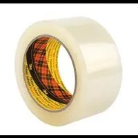 Clear packaging tape roll with plaid inner design.