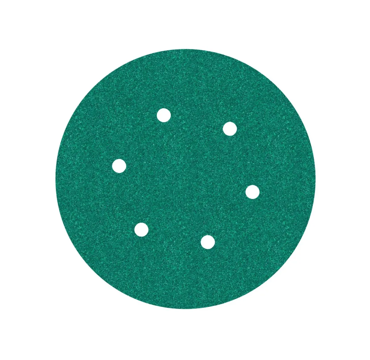 Green circular sanding disc with eight holes.