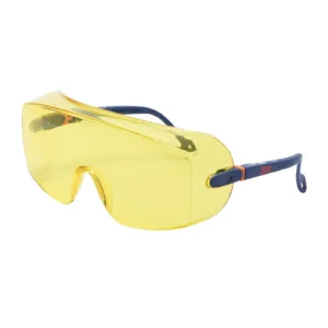 Yellow safety glasses with blue and orange arms.