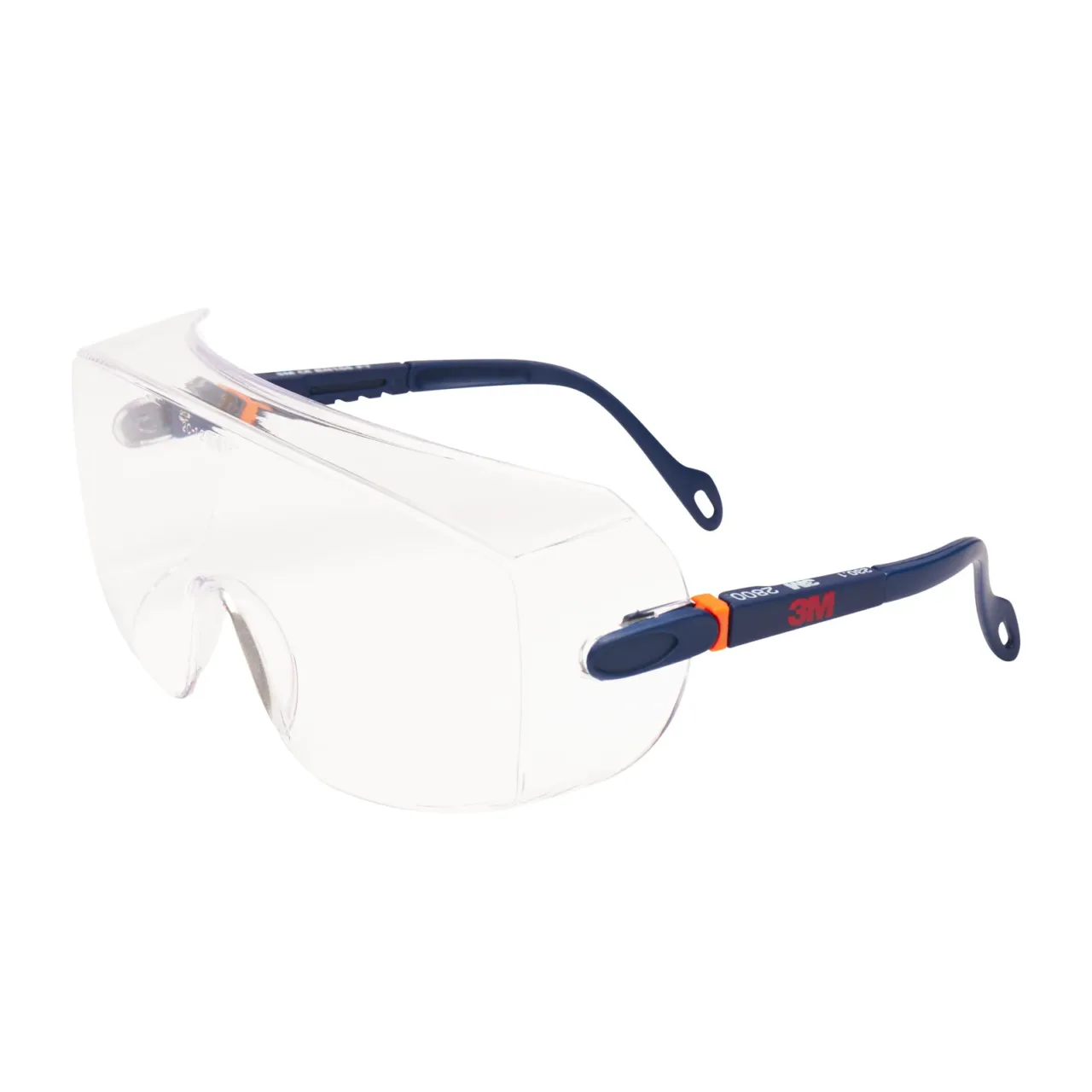 Transparent safety goggles with dark blue arms.