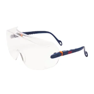 Transparent safety goggles with dark blue arms.