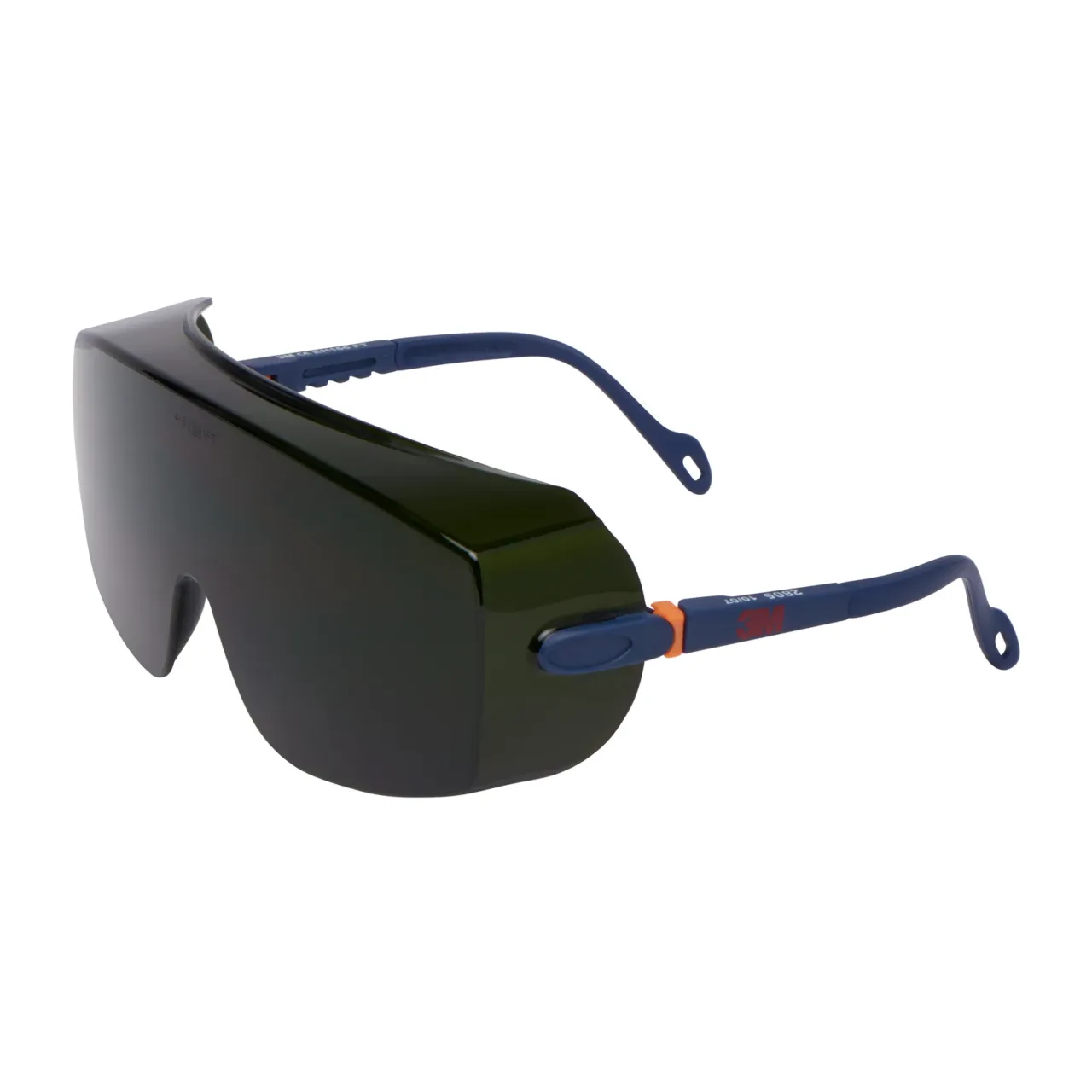 Protective black sunglasses with blue arms.