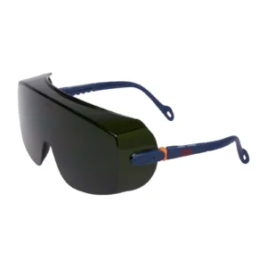 Protective black sunglasses with blue arms.