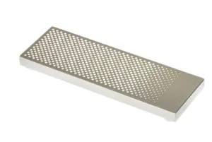 Rectangular diamond sharpening stone with holes.