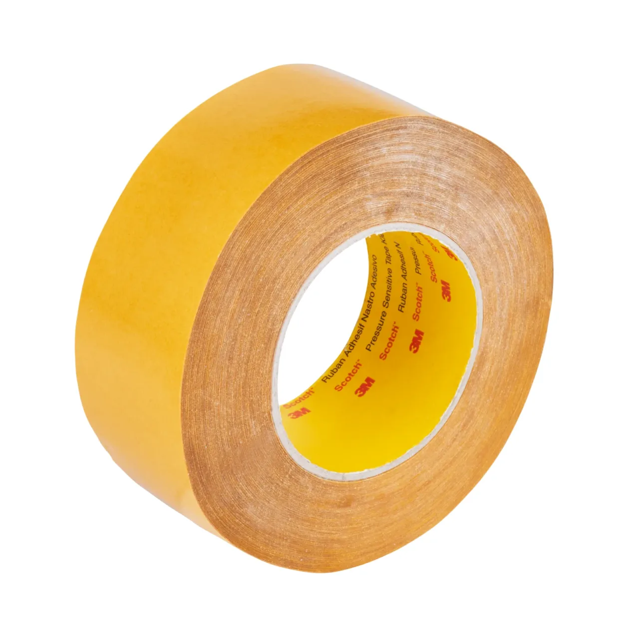 Yellow adhesive tape roll on white background.