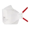 White 3M face mask with red straps.