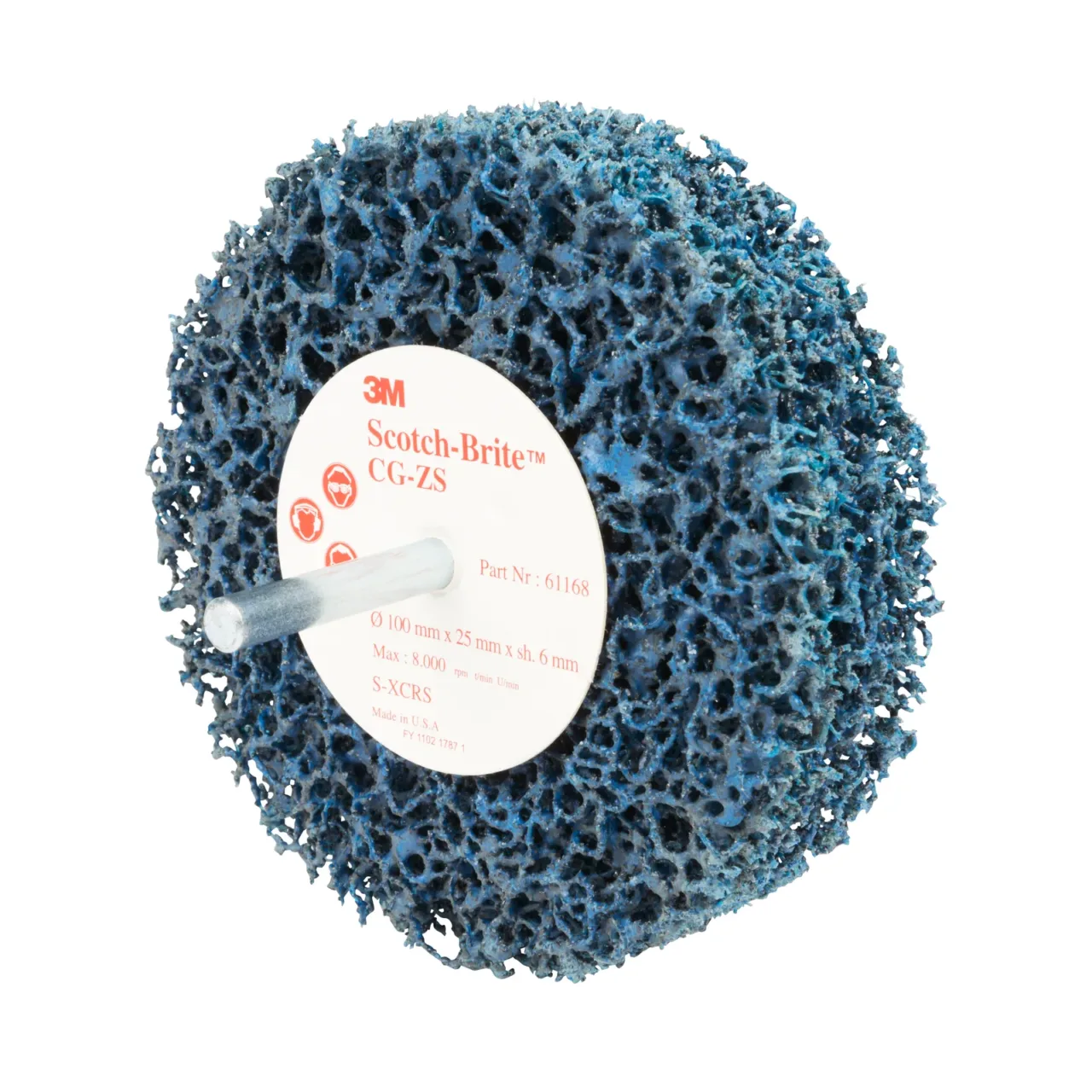 Blue abrasive disc with central spindle attachment.