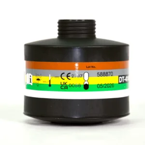 Respirator filter canister with labels and safety icons.