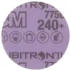 Purple abrasive disc with safety icons and branding.