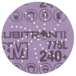 Purple sandpaper disc with holes and icon prints