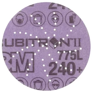 Purple sandpaper disc with holes and icon prints