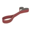 Looped red abrasive sanding belt on white background.