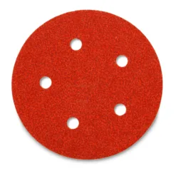 Red circular sanding disc with six holes.
