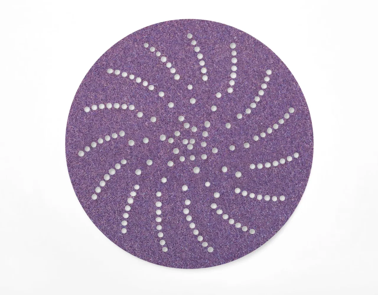 Purple abrasive sanding disc with spiral holes pattern.