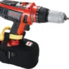 Orange power drill with safety strap attachment.