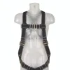 Black safety harness on mannequin torso.