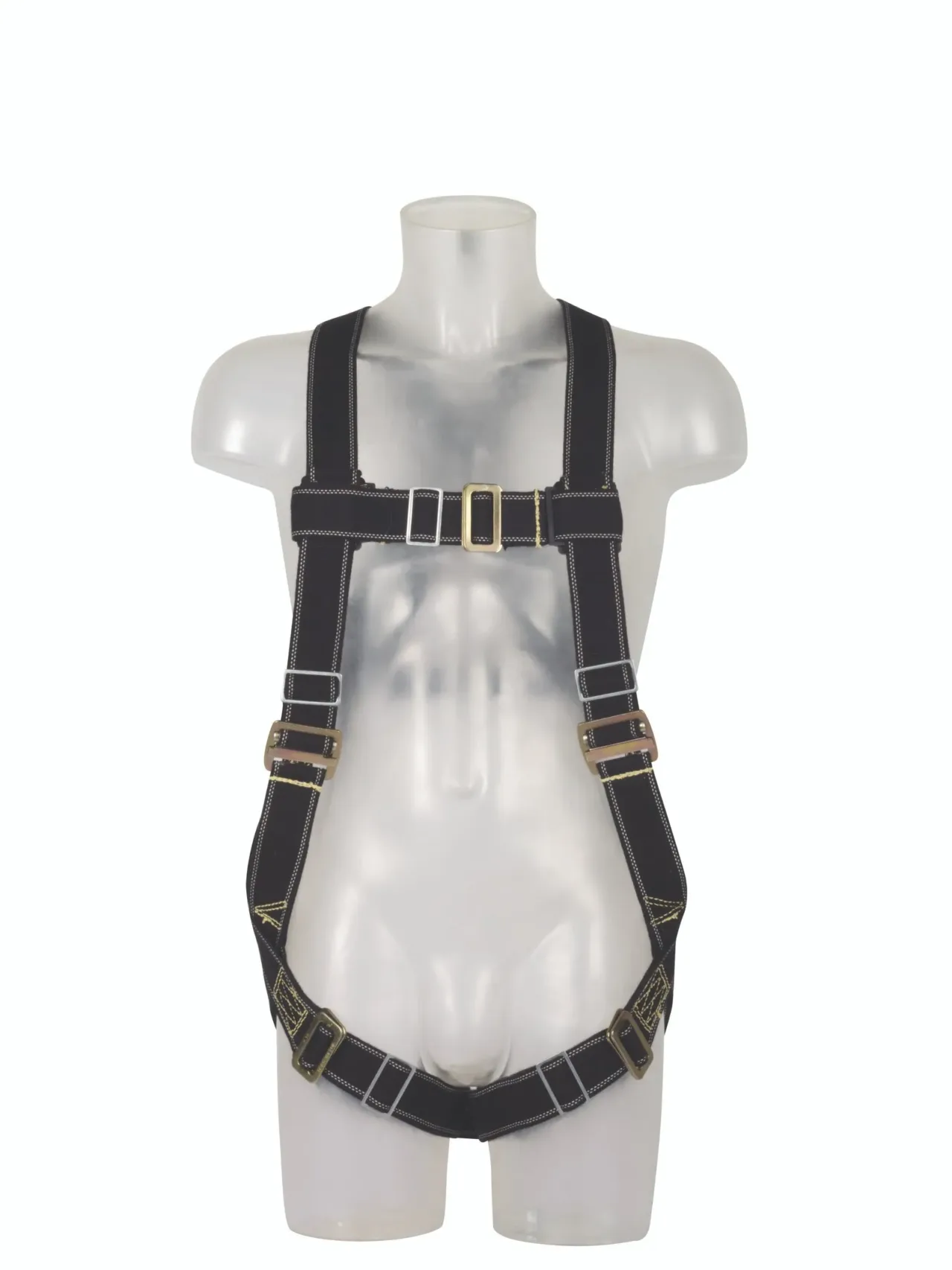 Black safety harness on mannequin torso.