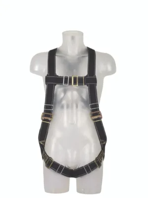 Black safety harness on mannequin torso.