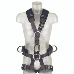 Safety harness on transparent mannequin torso.