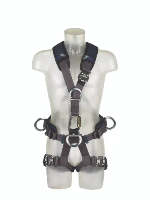 Safety harness on transparent mannequin torso.