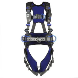Blue safety harness with straps and buckles.