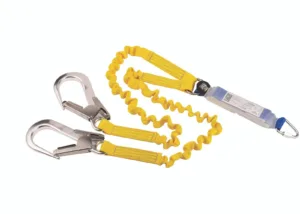 Yellow safety lanyard with hooks and energy absorber.