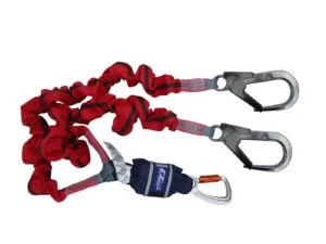 Red dual safety lanyard with carabiners.