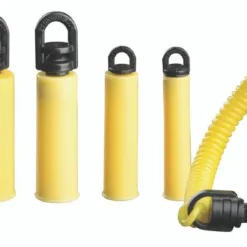 Multiple yellow bell weights with black handles.