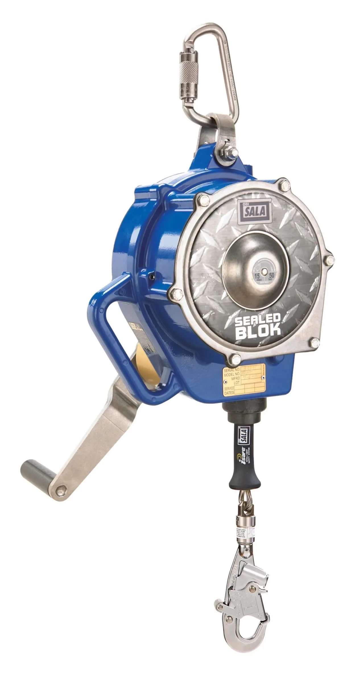 Sealed self-retracting lifeline with hook and handle.