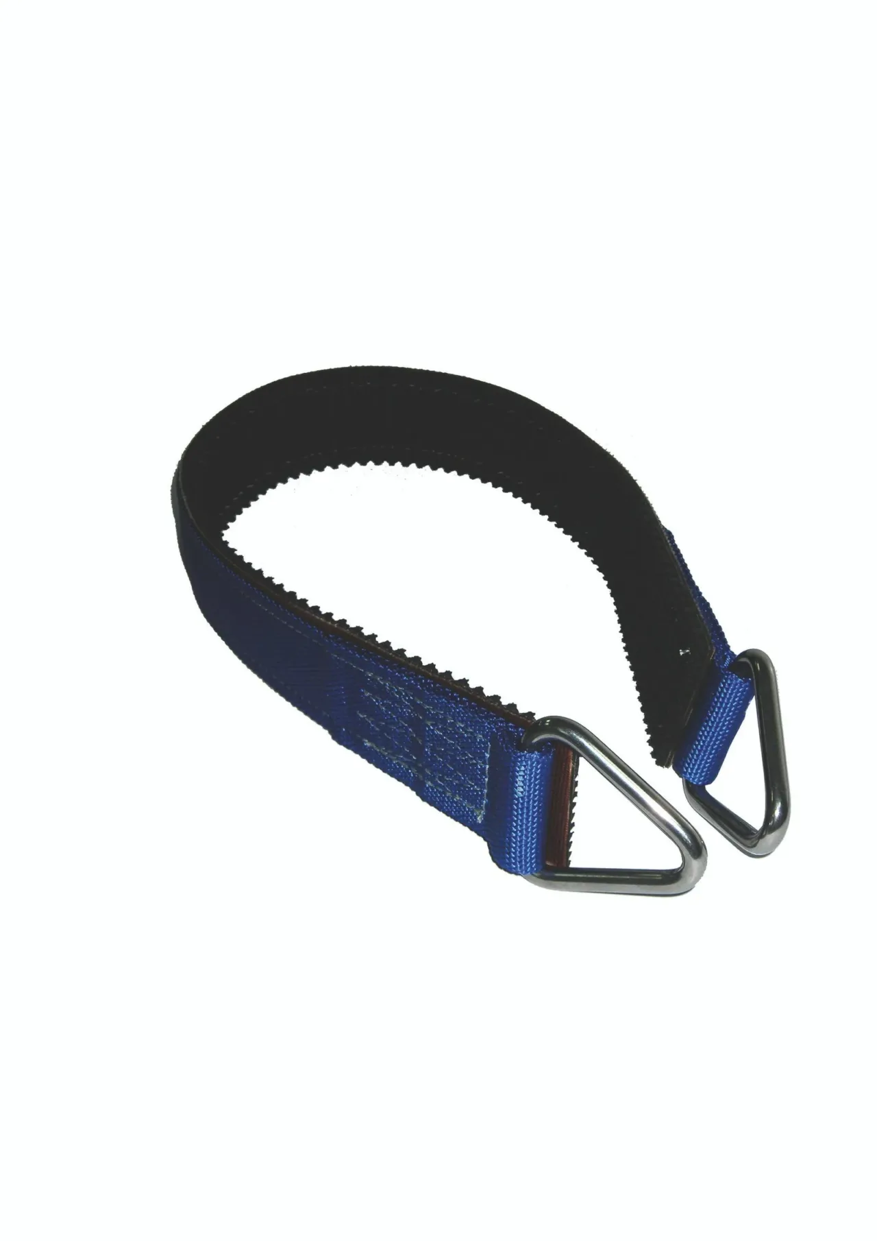 Blue lifting sling with metal triangle ends.