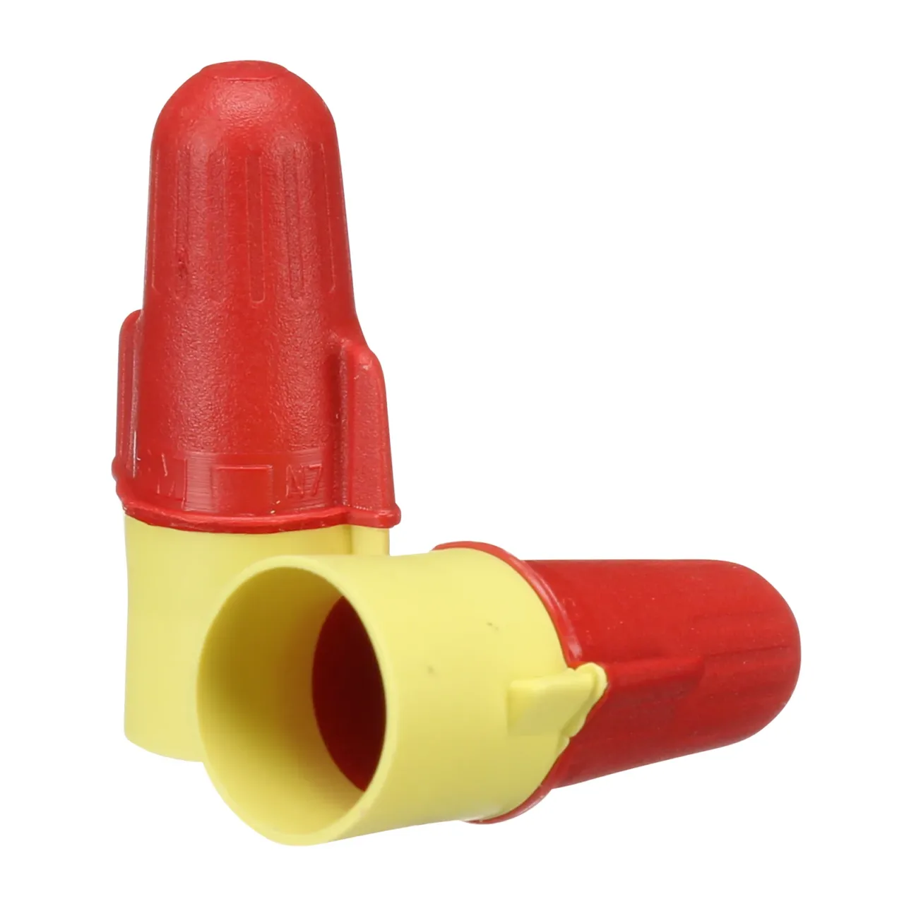 Red and yellow wire connectors for electrical wiring.