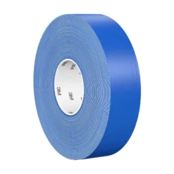 Blue painter's tape roll on white background.