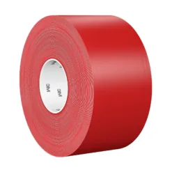 Red adhesive tape roll, side view.