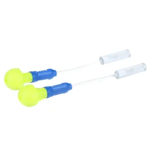 Yellow foam earplugs with blue cords