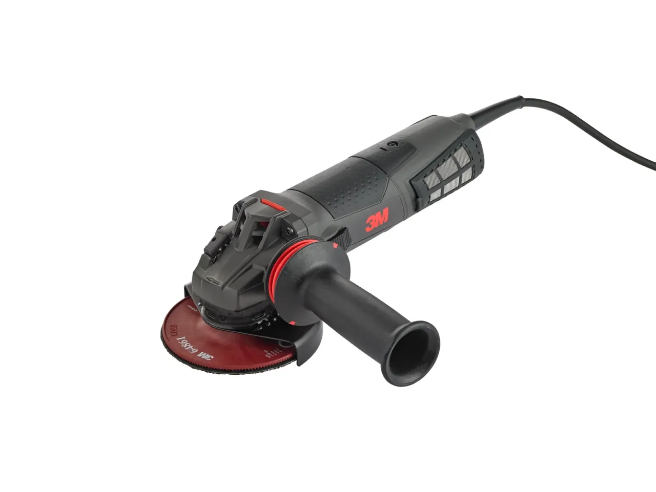 3M power tool with red sanding disc.