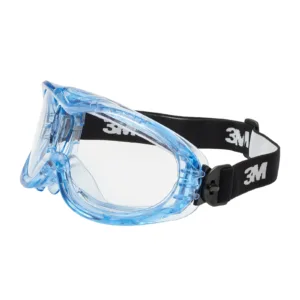 Blue safety goggles with black strap.