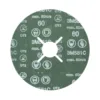 Abrasive sanding disc with safety symbols and specifications.