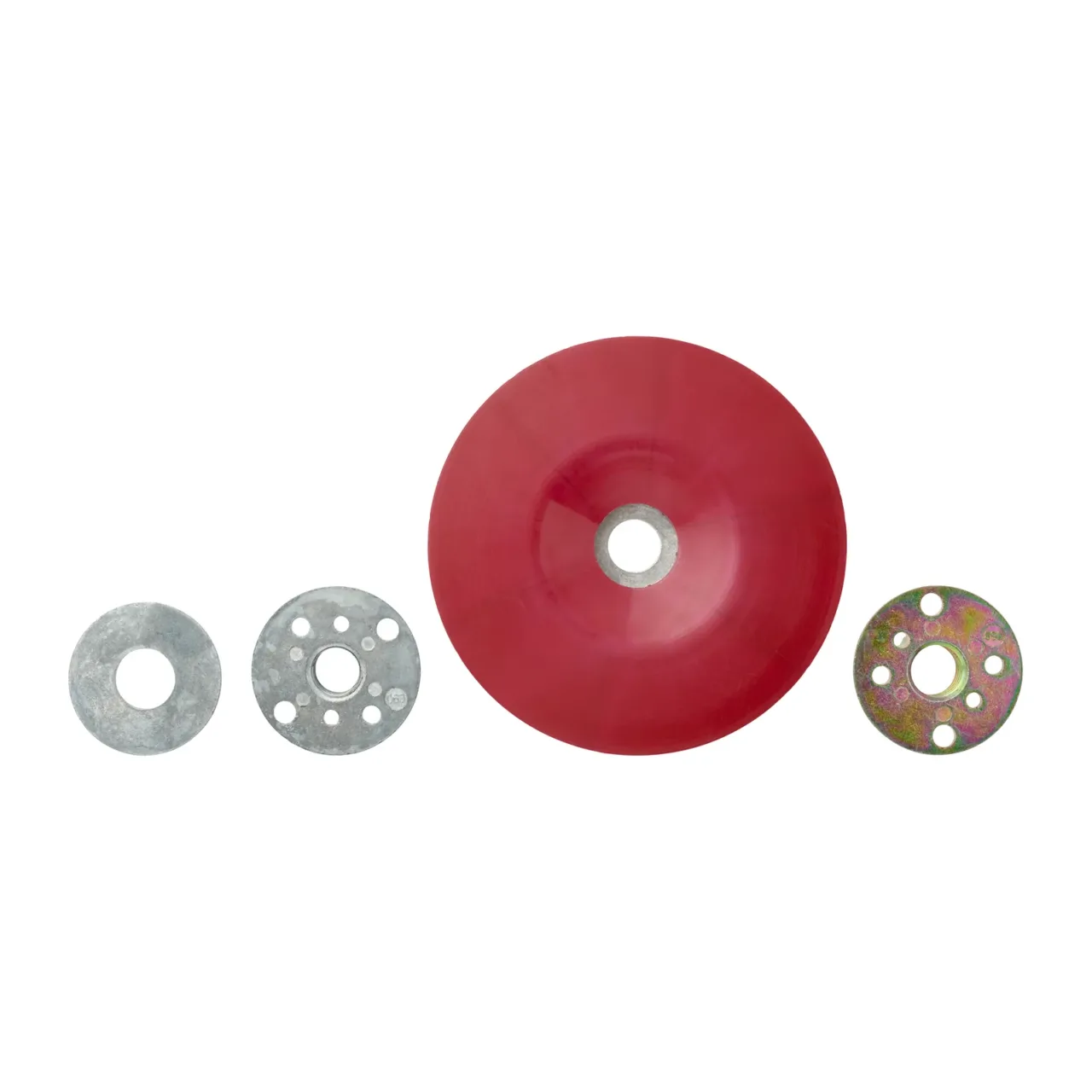 Set of four circular metal and red discs.