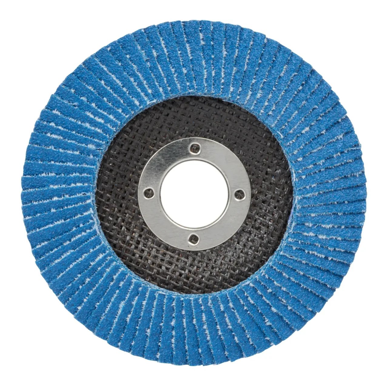Blue abrasive flap disc wheel close-up.